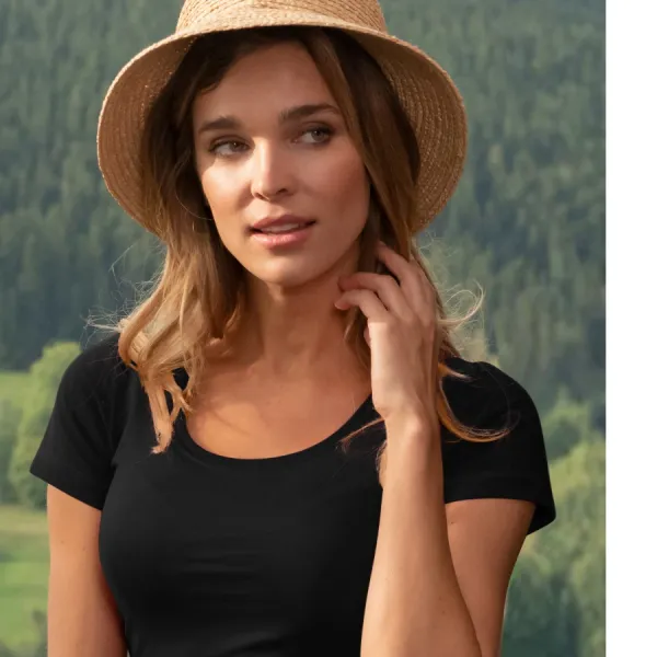 T-shirt dam med dekorativa sömmar - Djup rund halsringning